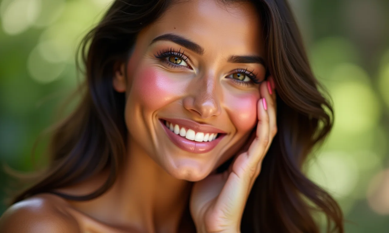 Aplicação de blush e iluminador para realçar a beleza.