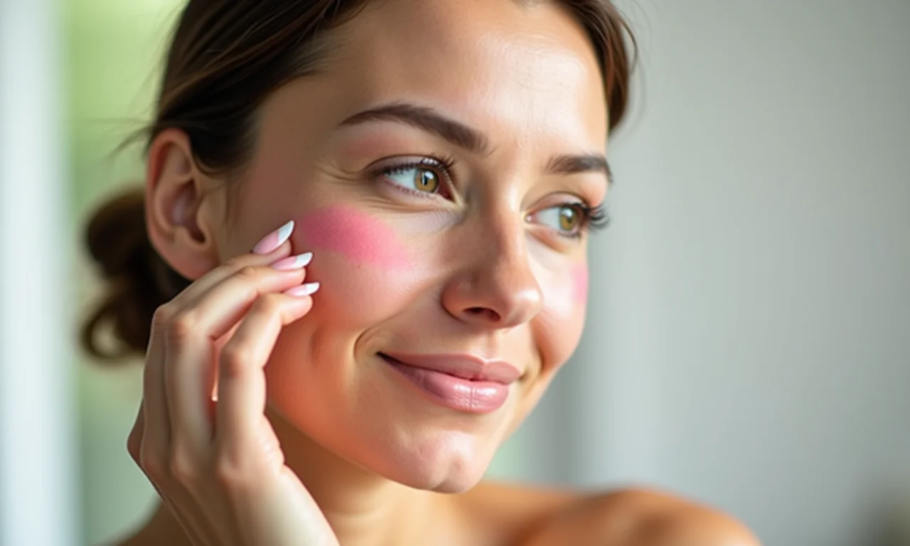 Aplicação de blush em pó suave em rosto com rosácea.