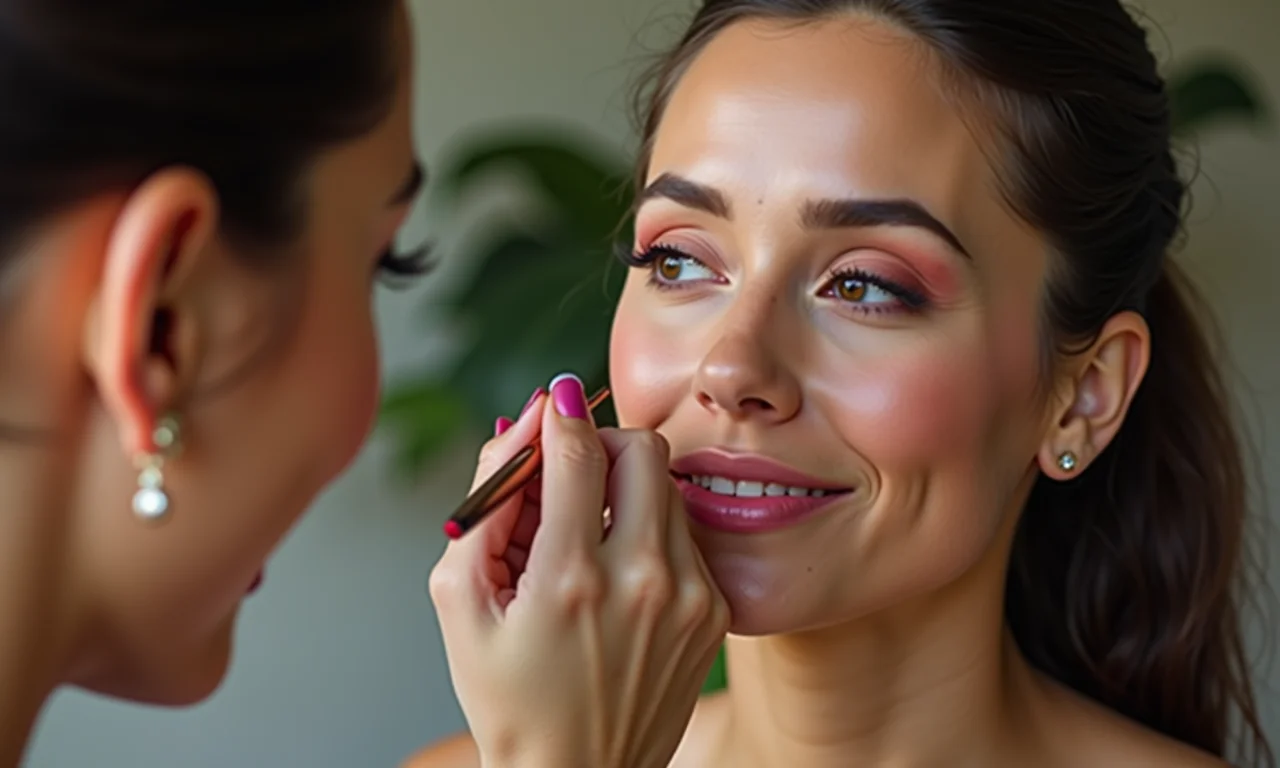 Aplicação de blush em tons rosados ou pêssego para maquiagem.