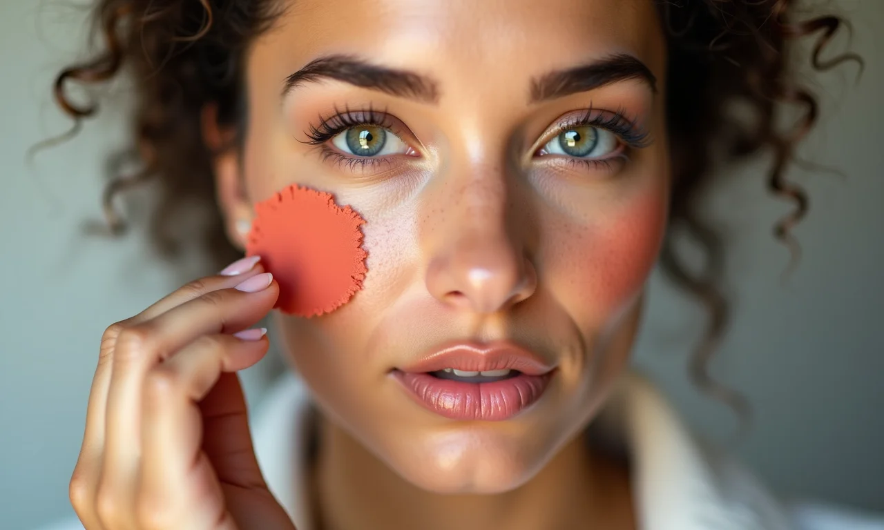 Aplicação de blush em tons terrosos.