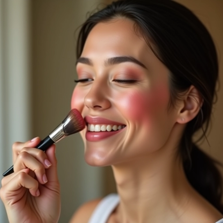 Aplicação de blush nas maçãs do rosto.