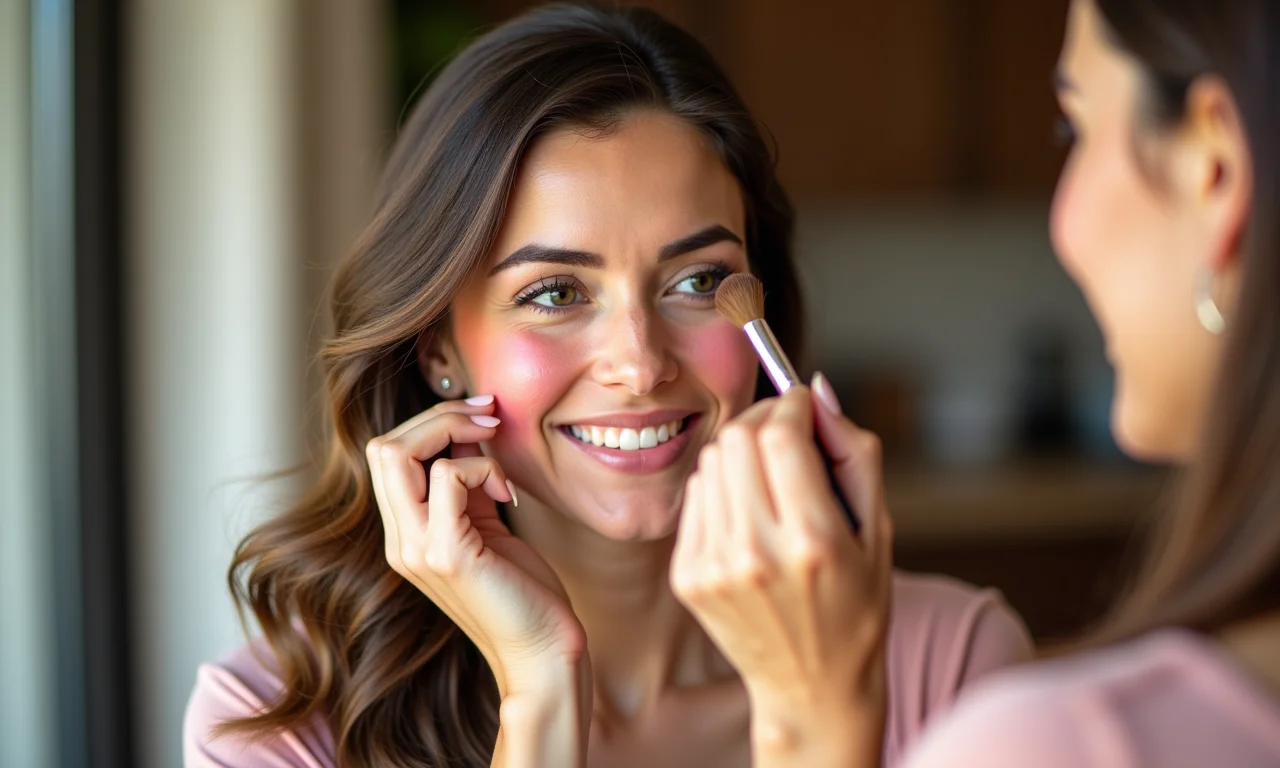 Aplicação de blush para um toque de saúde na maquiagem.