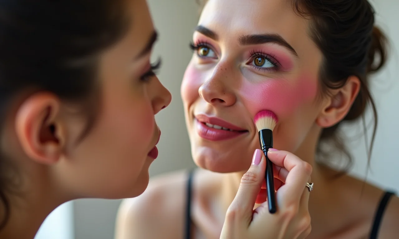 Aplicação de blush rosado para um toque de boneca na maquiagem dark coquette.