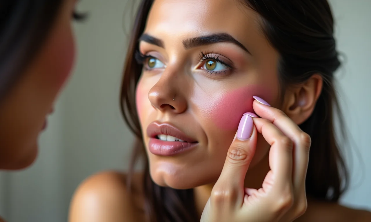 Aplicação de blush suave nas bochechas para um toque de cor.