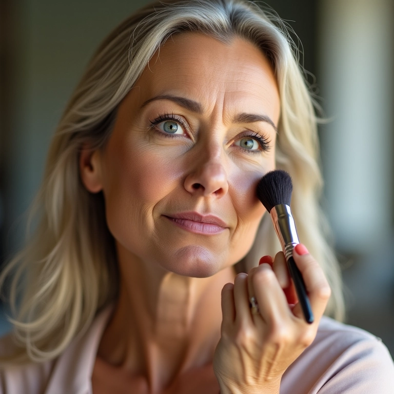 Aplicação de bronzer nas maçãs do rosto para um contorno suave.