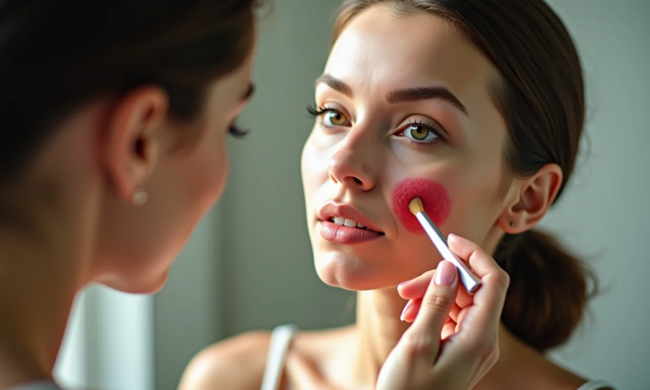 Aplicação de corretivo verde para neutralizar manchas vermelhas.