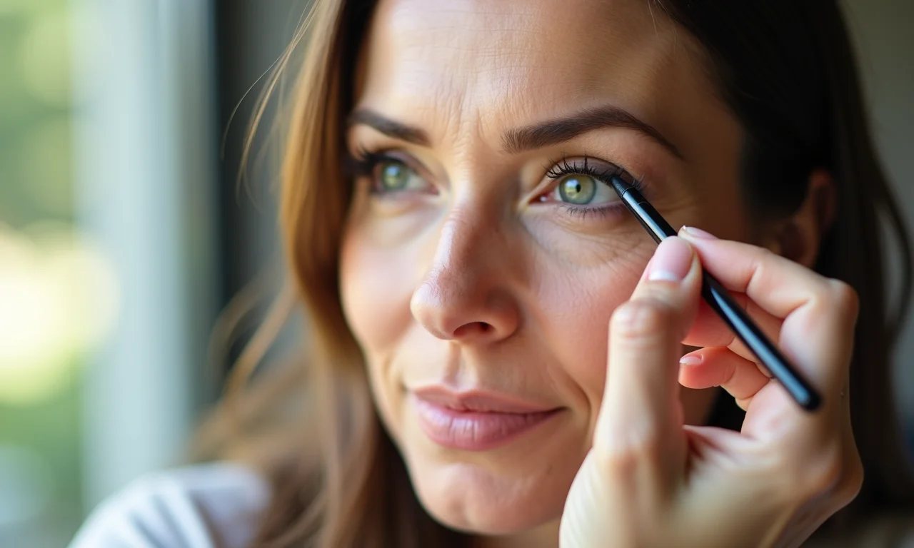 Aplicação de delineador fino e discreto para definir o olhar em pele madura.