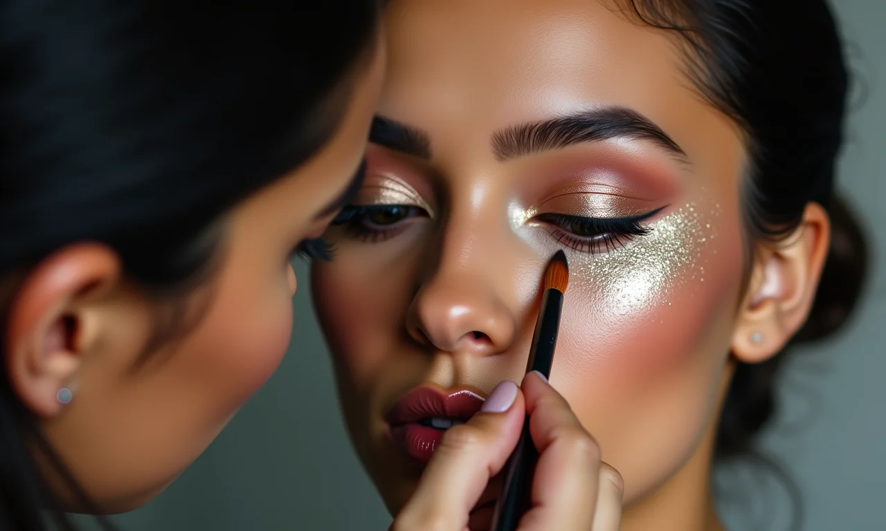 Aplicação de glitter com pincel de precisão.