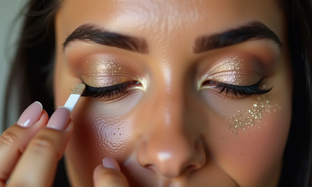 Aplicação de glitter fino para um brilho sutil nos olhos.