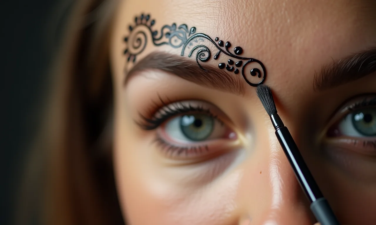 Aplicação de henna nas sobrancelhas em close-up.