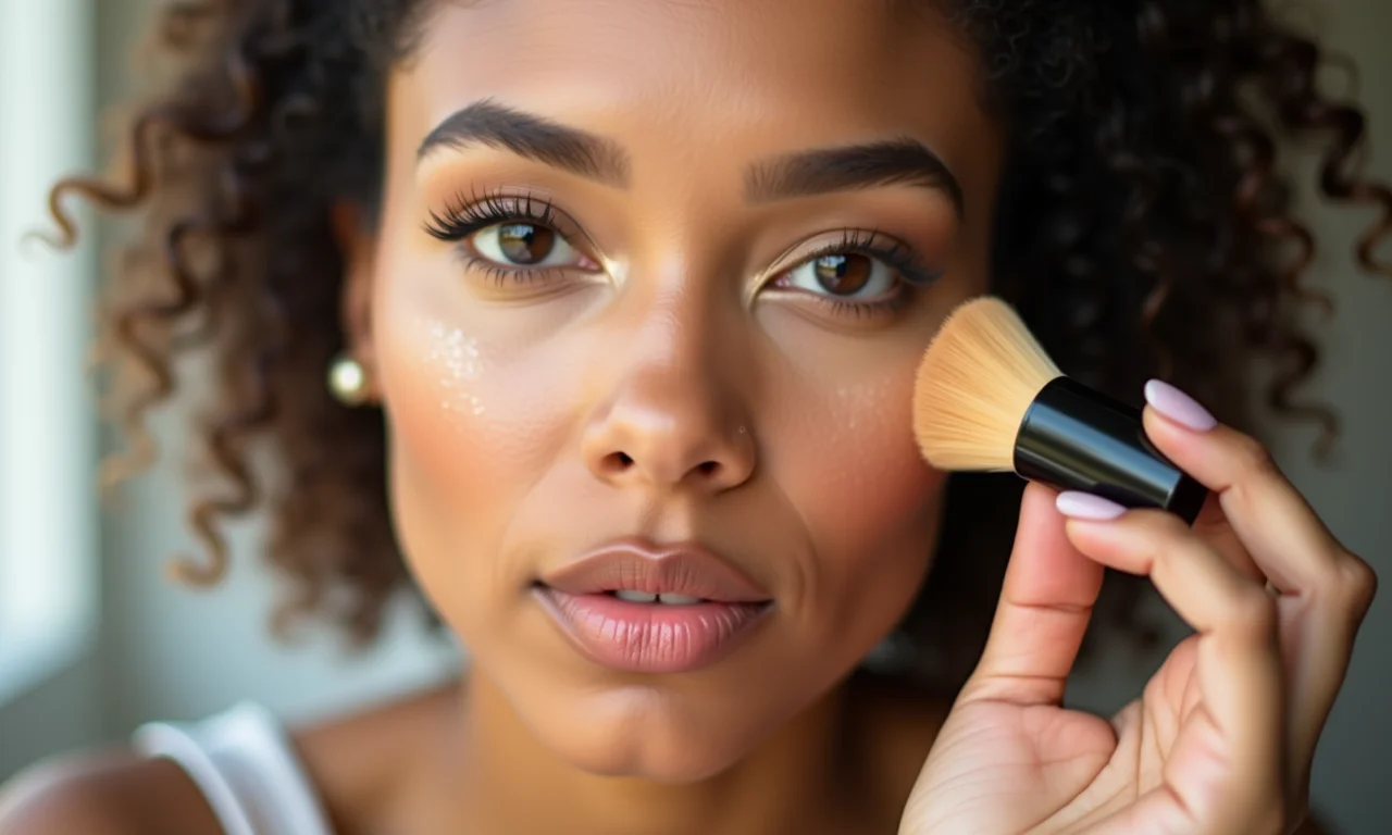 Aplicação de iluminador em pó nas maçãs do rosto.