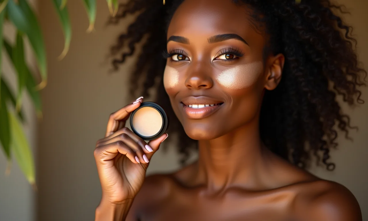 Aplicação de iluminador em pó solto para um brilho suave na pele bronzeada.