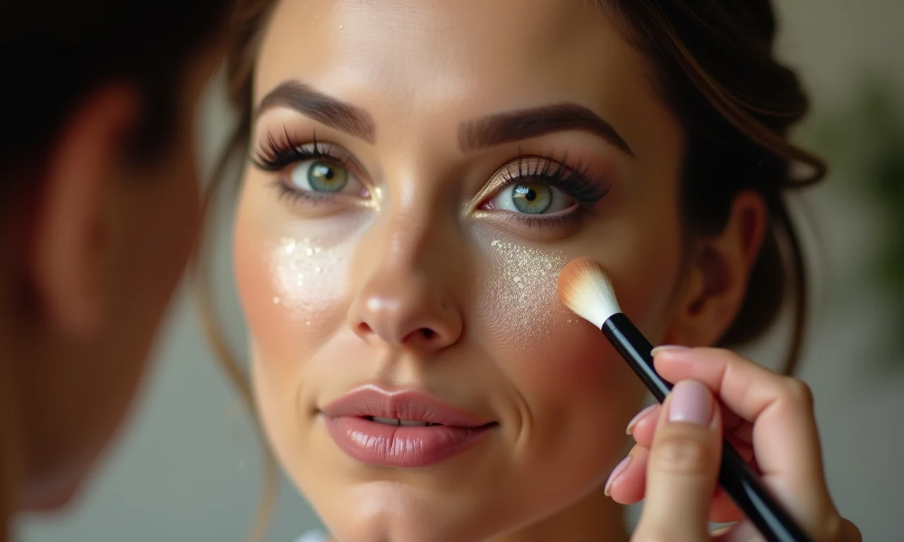 Aplicação de iluminador estratégico na maquiagem.