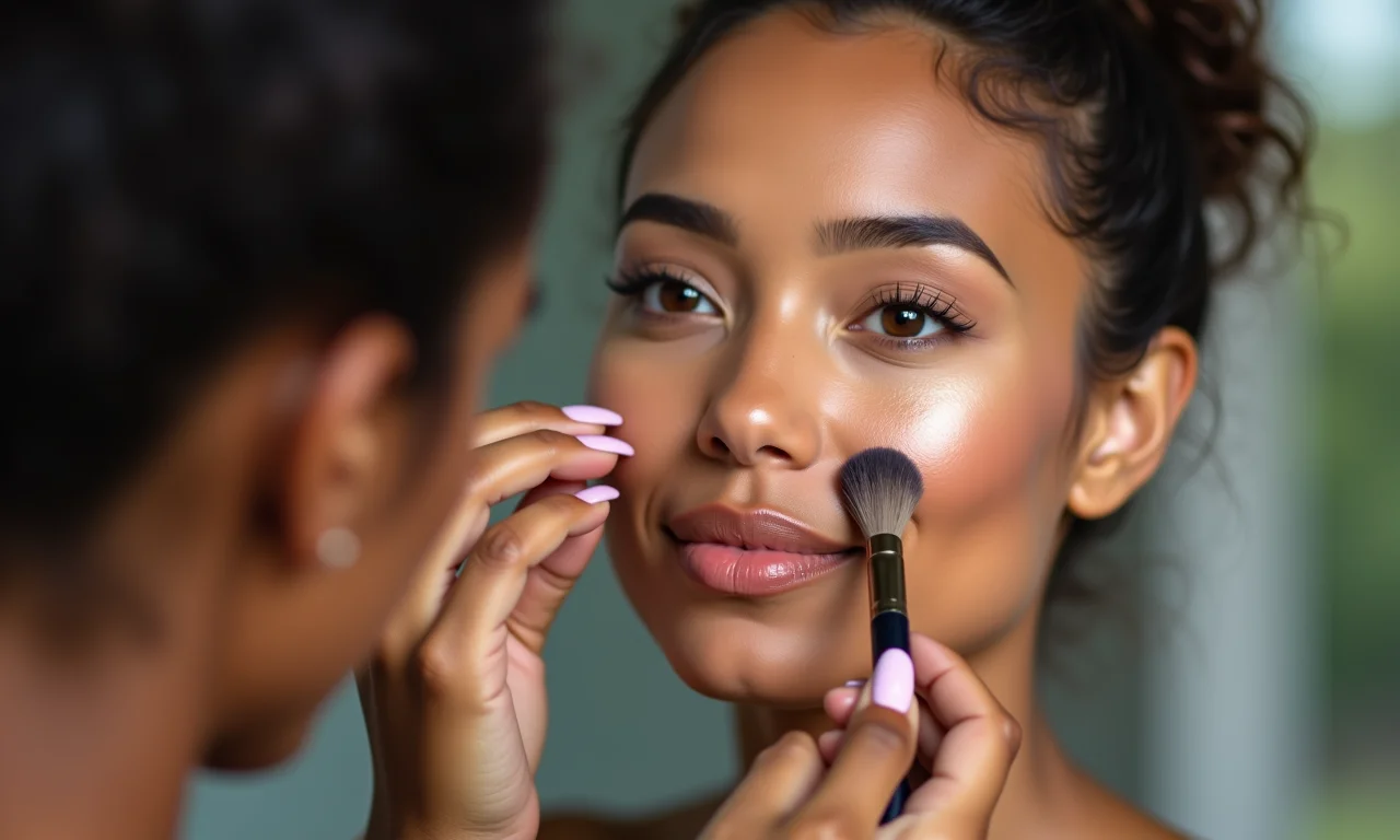 Aplicação de iluminador nos pontos altos do rosto com pincel.