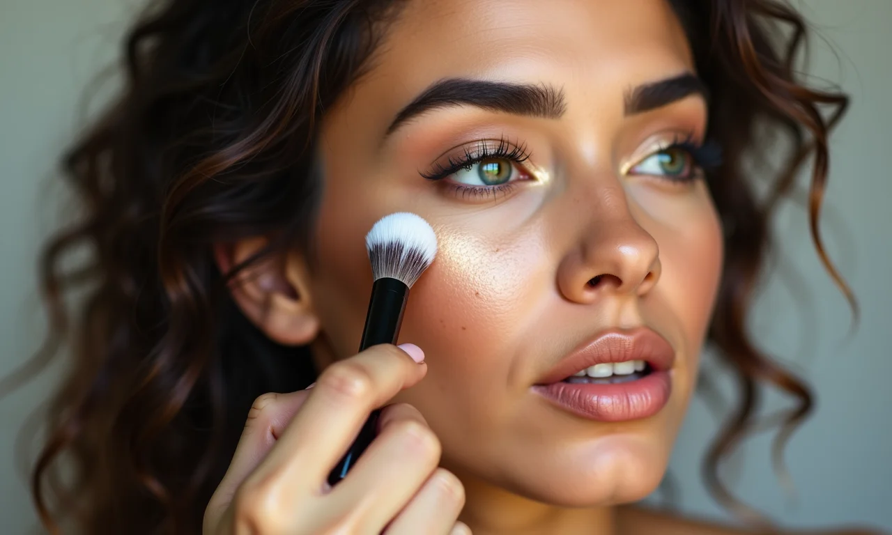 Aplicação de iluminador para realçar os pontos fortes do rosto.