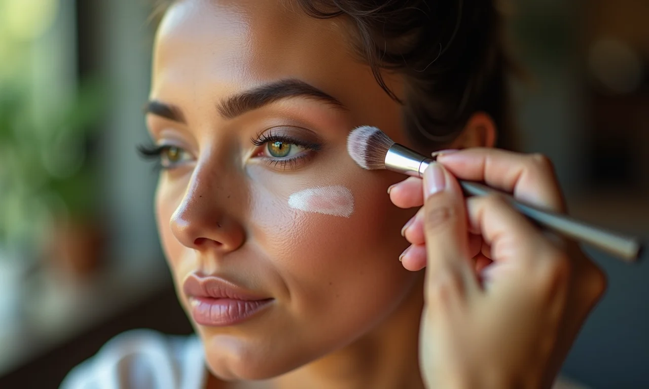 Aplicação de maquiagem com pincéis e esponjas macias.