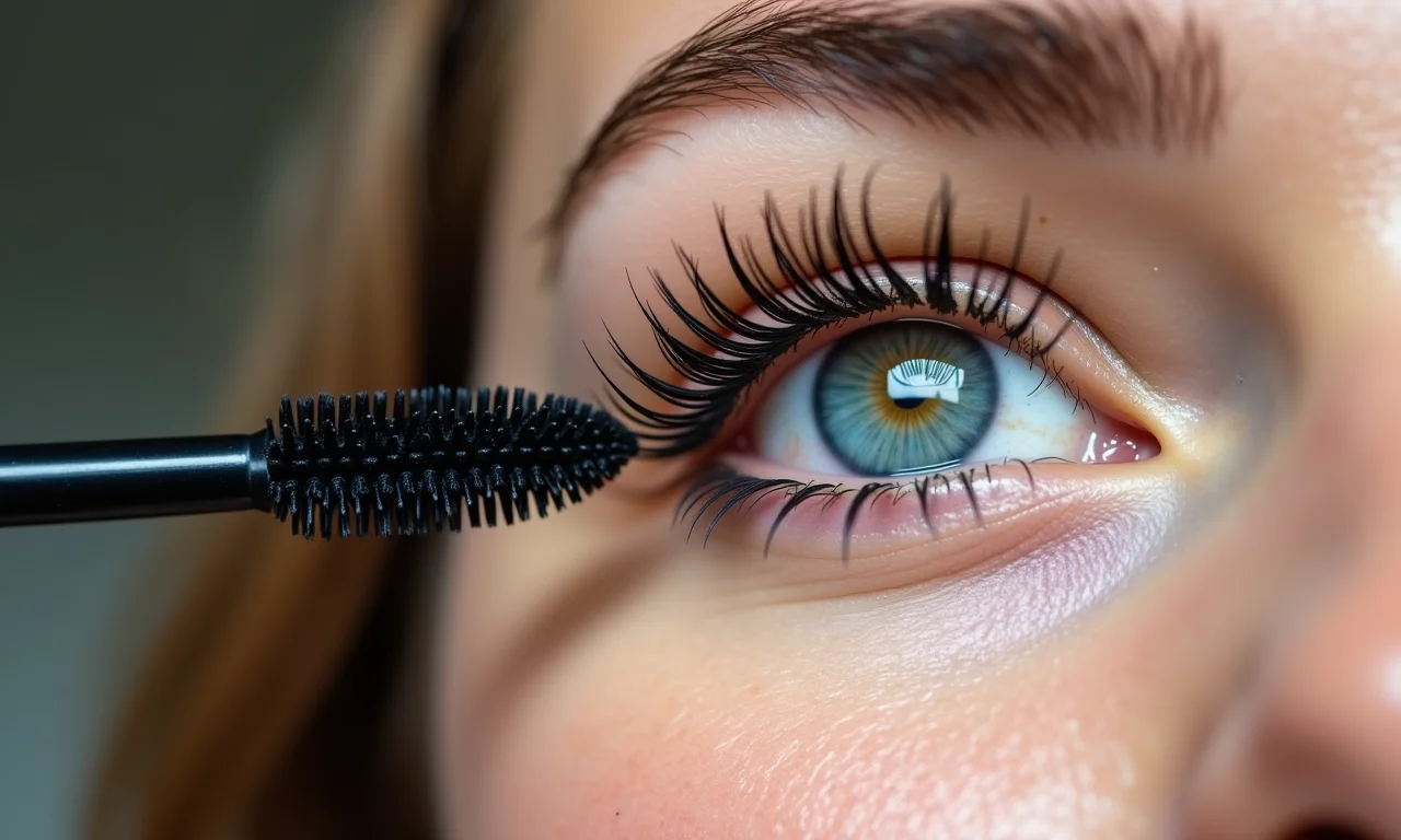Aplicação de máscara de cílios à prova d'água para cílios longos e definidos na praia.