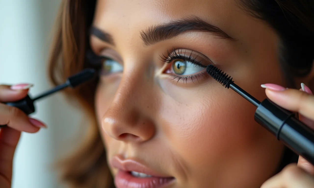 Aplicação de máscara de cílios para abrir o olhar.