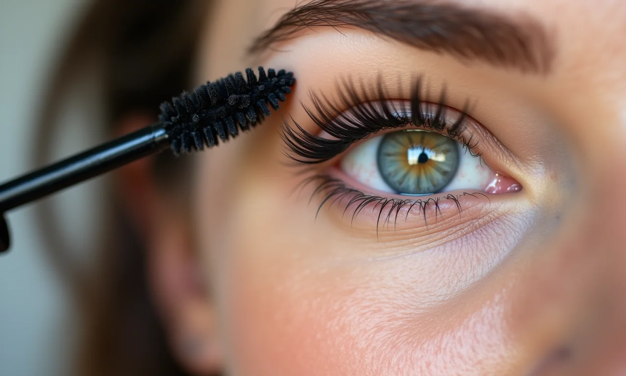 Aplicação de máscara de cílios para volume e definição em pele madura.