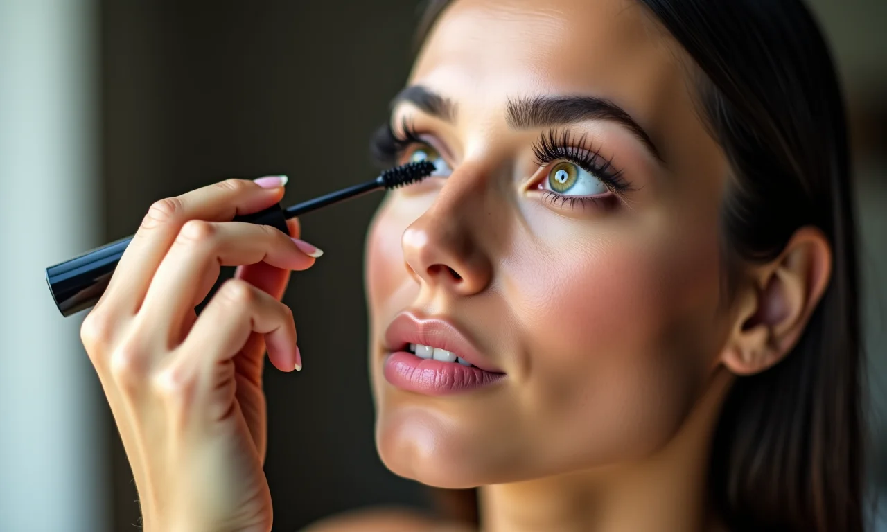 Aplicação de máscara de cílios para volume e definição.