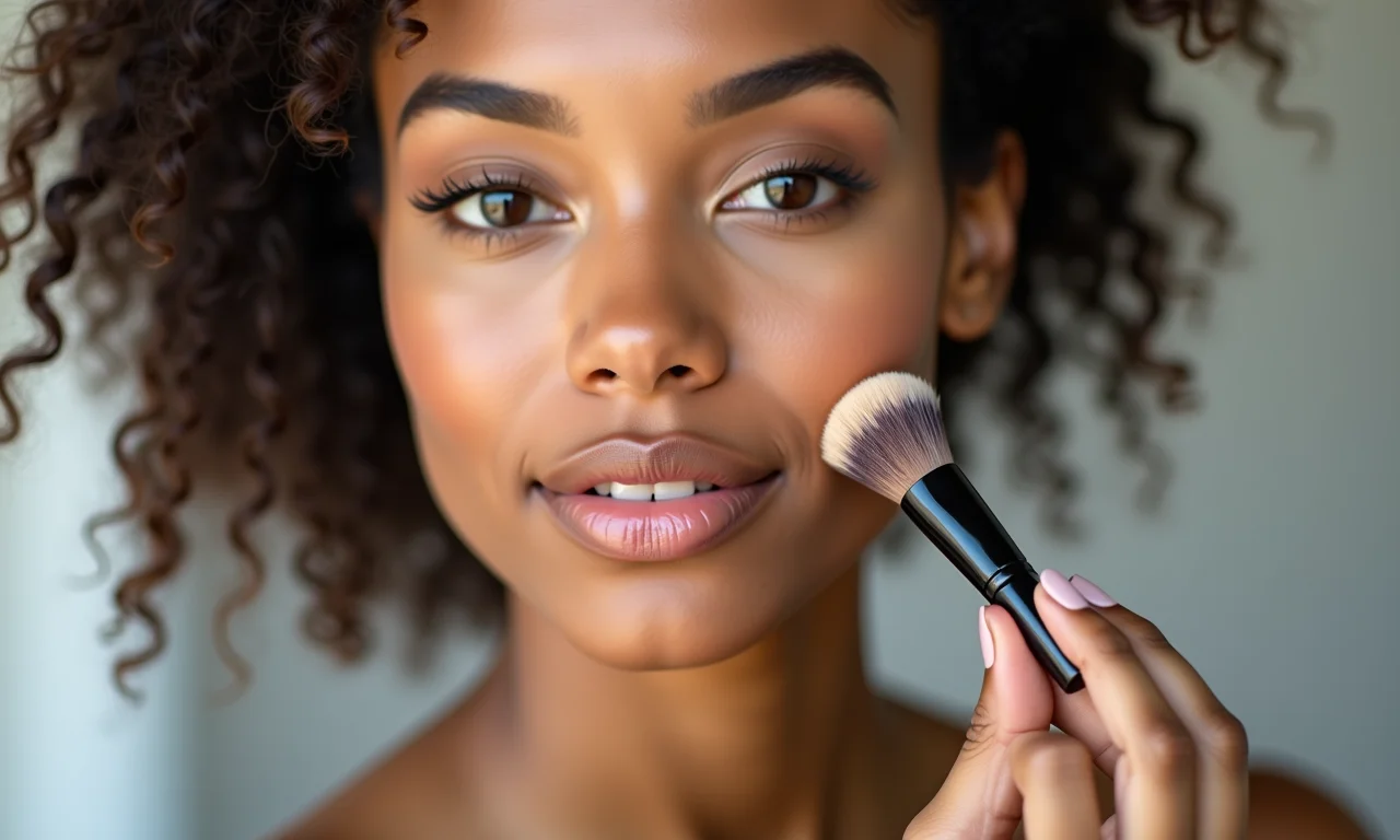 Aplicação de pó compacto para selar a maquiagem e matificar a pele.