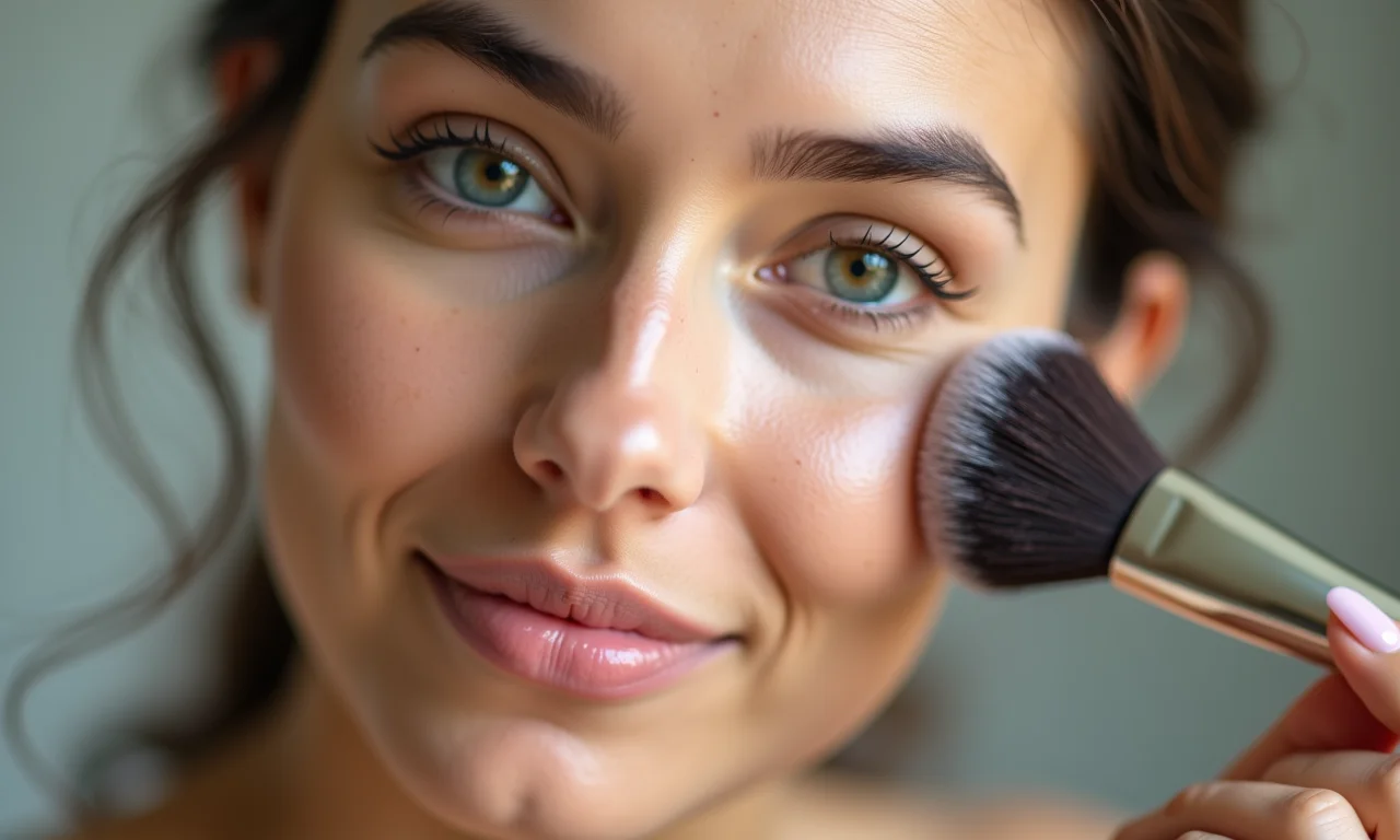 Aplicação de pó solto translúcido em rosto com rosácea.