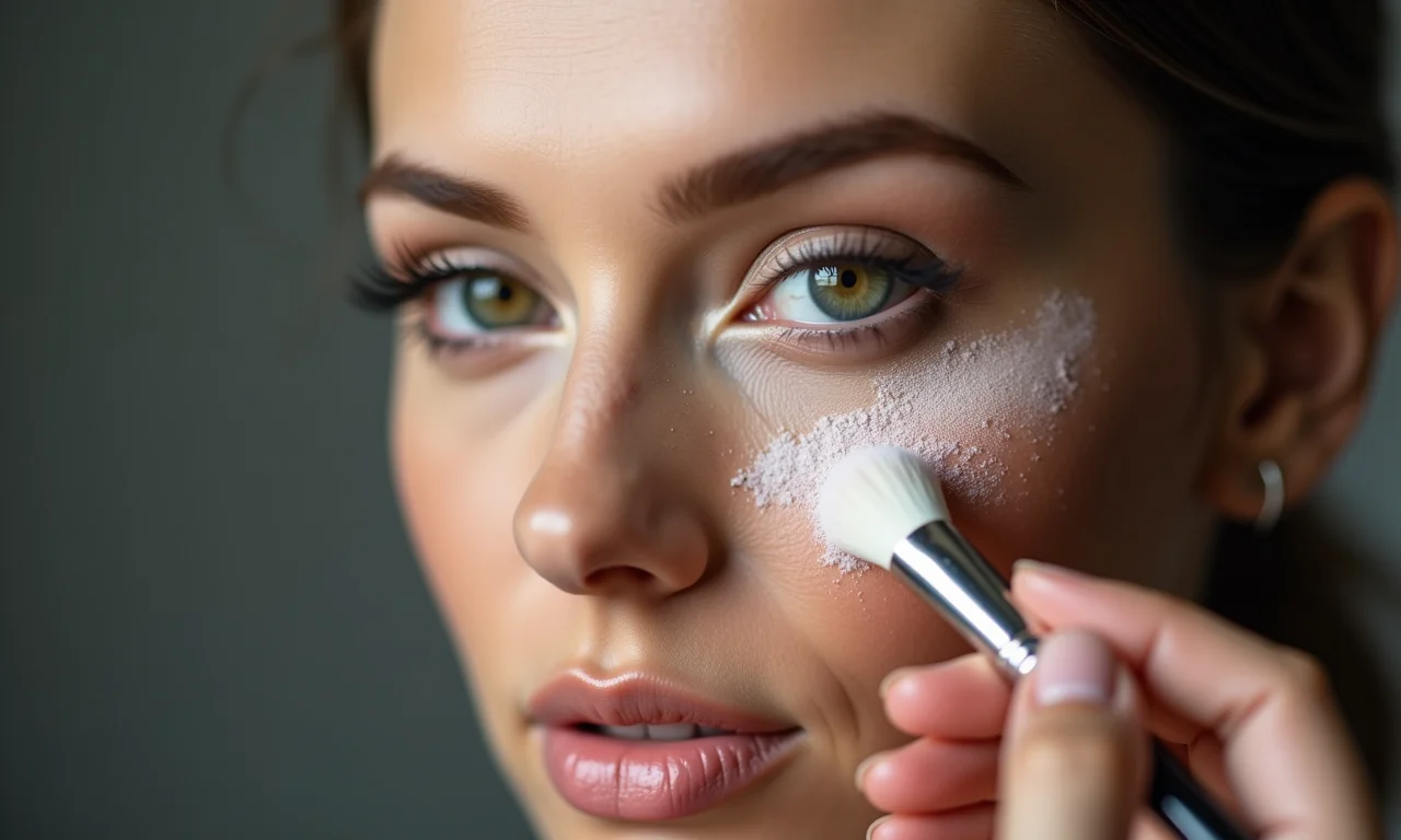 Aplicação de pó translúcido para selar a maquiagem.