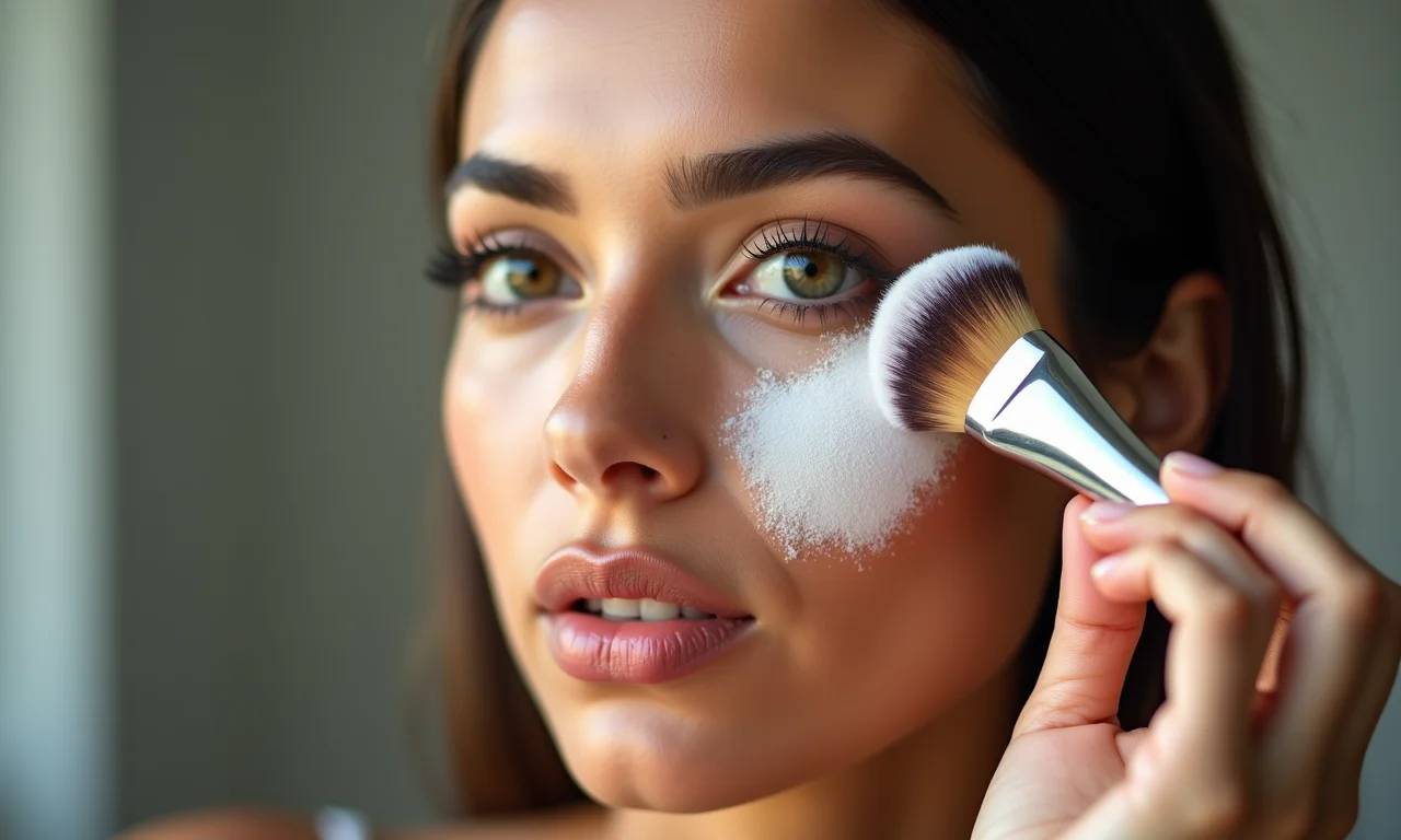 Aplicação de pó translúcido para selar a maquiagem.