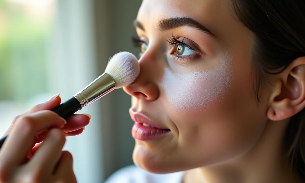 Aplicação de pó translúcido para selar a maquiagem.