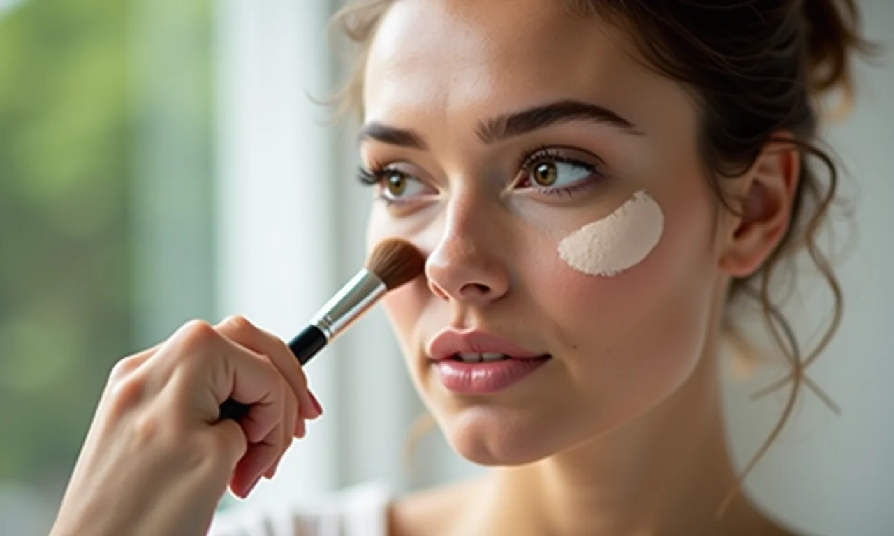 Aplicação de pó translúcido para selar a maquiagem.