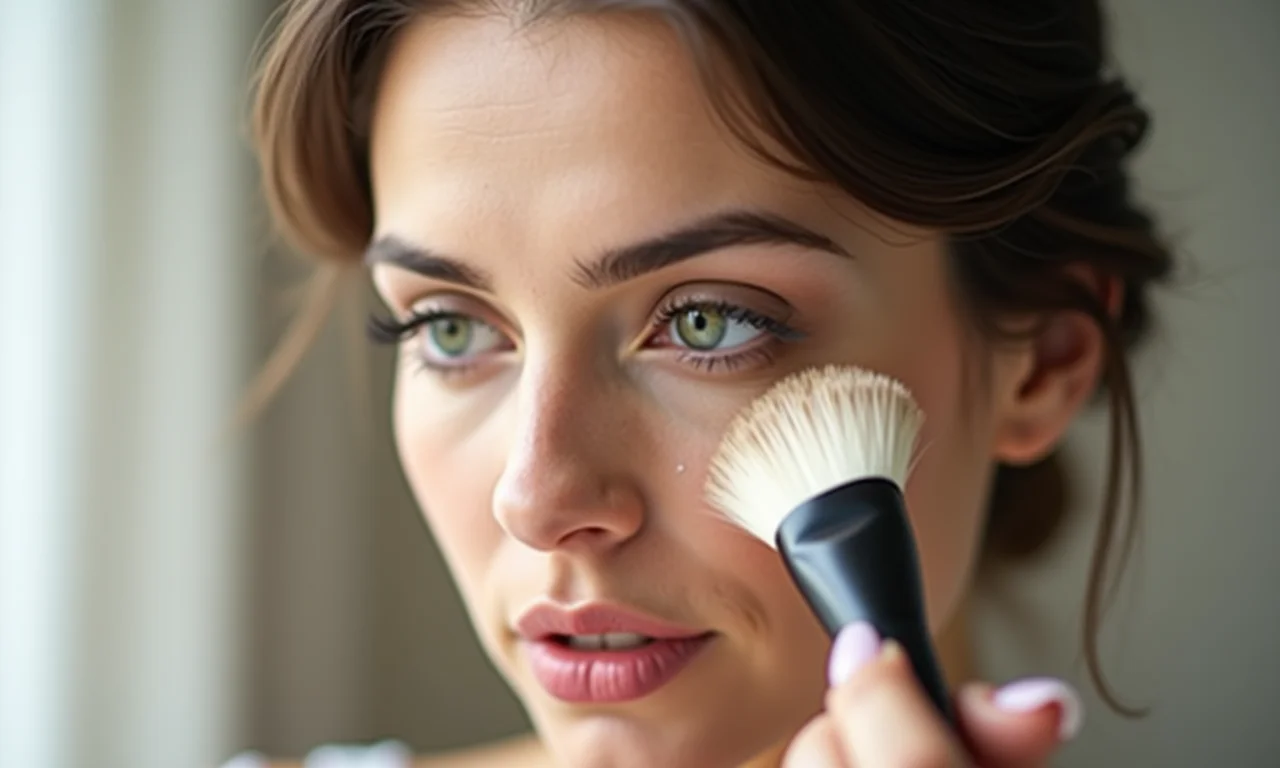 Aplicação de pó translúcido para selar a maquiagem e controlar o brilho.