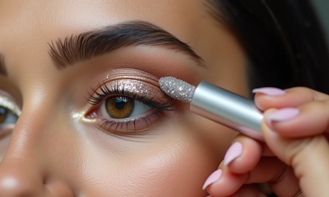 Aplicação de primer na pálpebra antes da maquiagem com glitter.