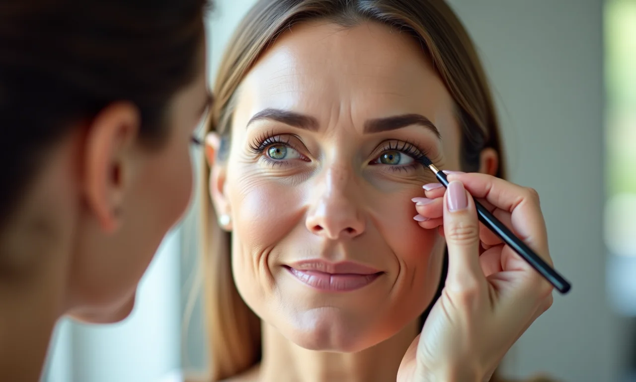 Aplicação de sombras neutras e esfumadas para realçar os olhos em pele madura.