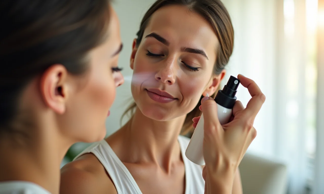 Aplicação de spray fixador de maquiagem.
