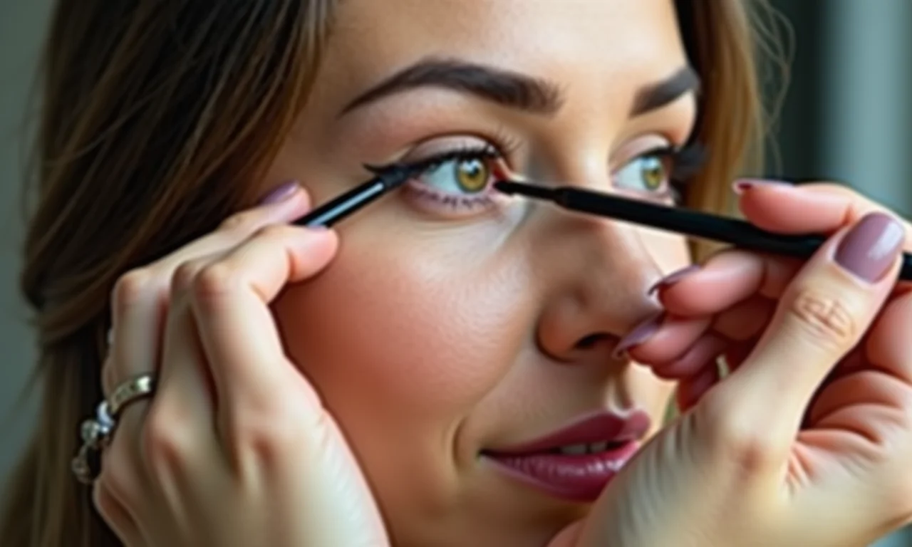 Aplicação de tightlining: close-up mostrando a precisão do delineado rente aos cílios.