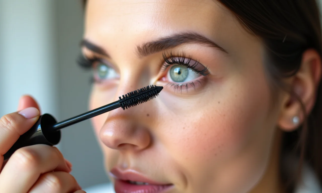 Aplicador curvado de máscara alongando e definindo os cílios.