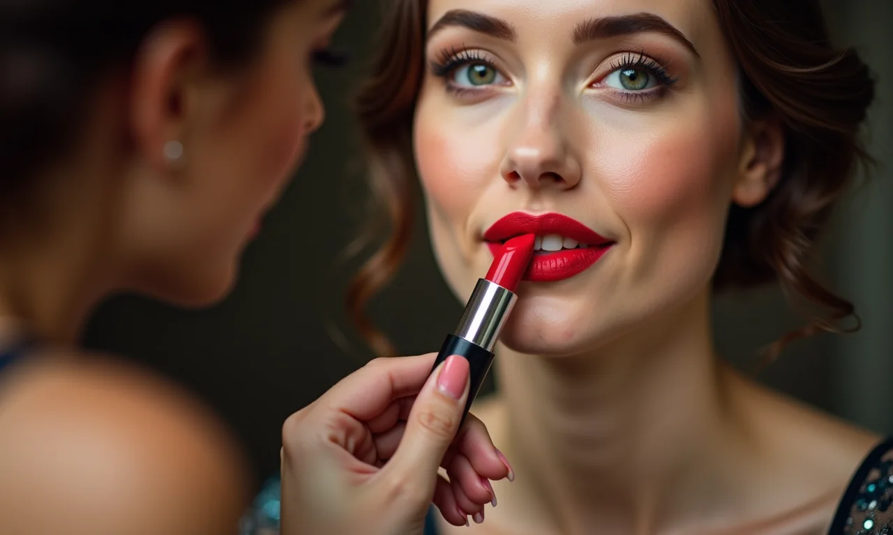 Aplicando batom vermelho para finalizar a maquiagem anos 20.