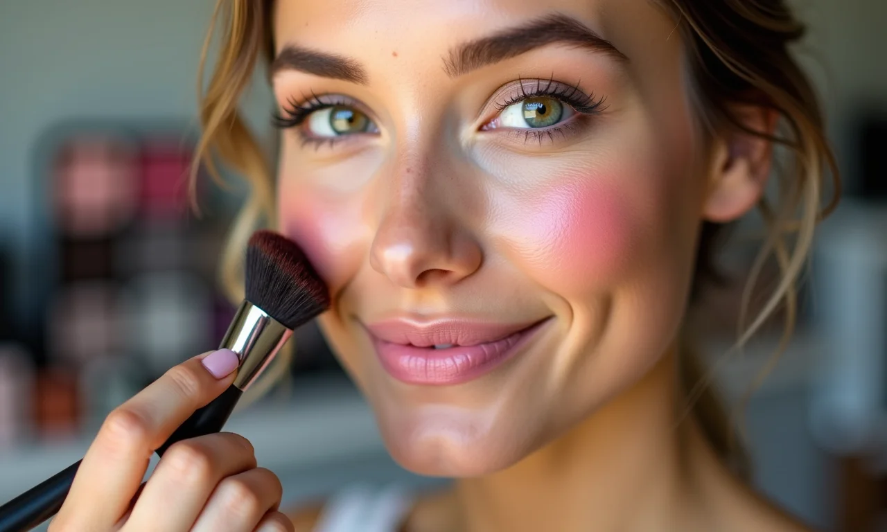 Aplicando blush em pó nas maçãs do rosto.