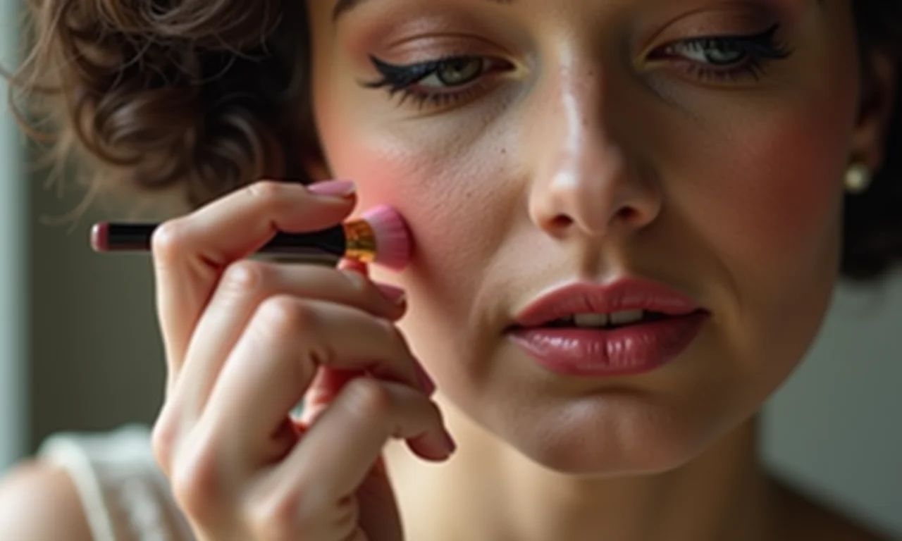 Aplicando blush rosado na maquiagem anos 20.