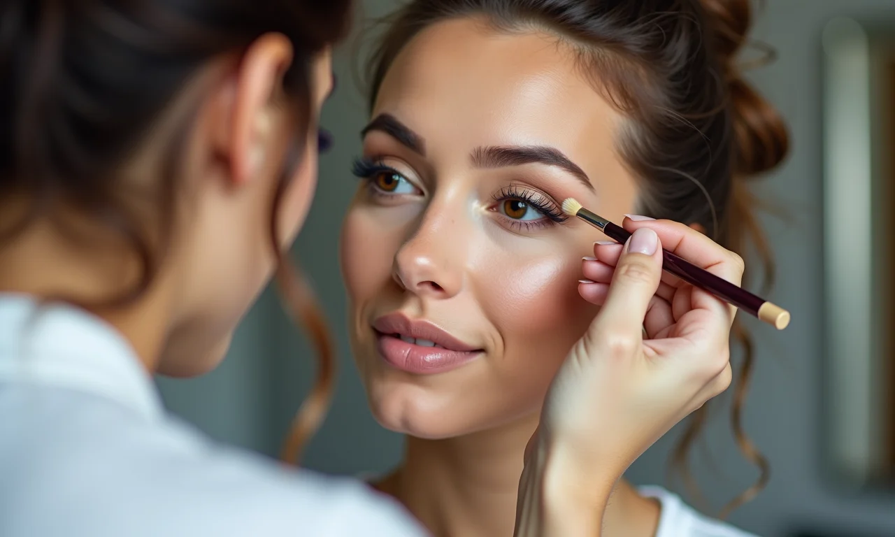 Aplicando corretivo com um pincel de maquiagem profissional.