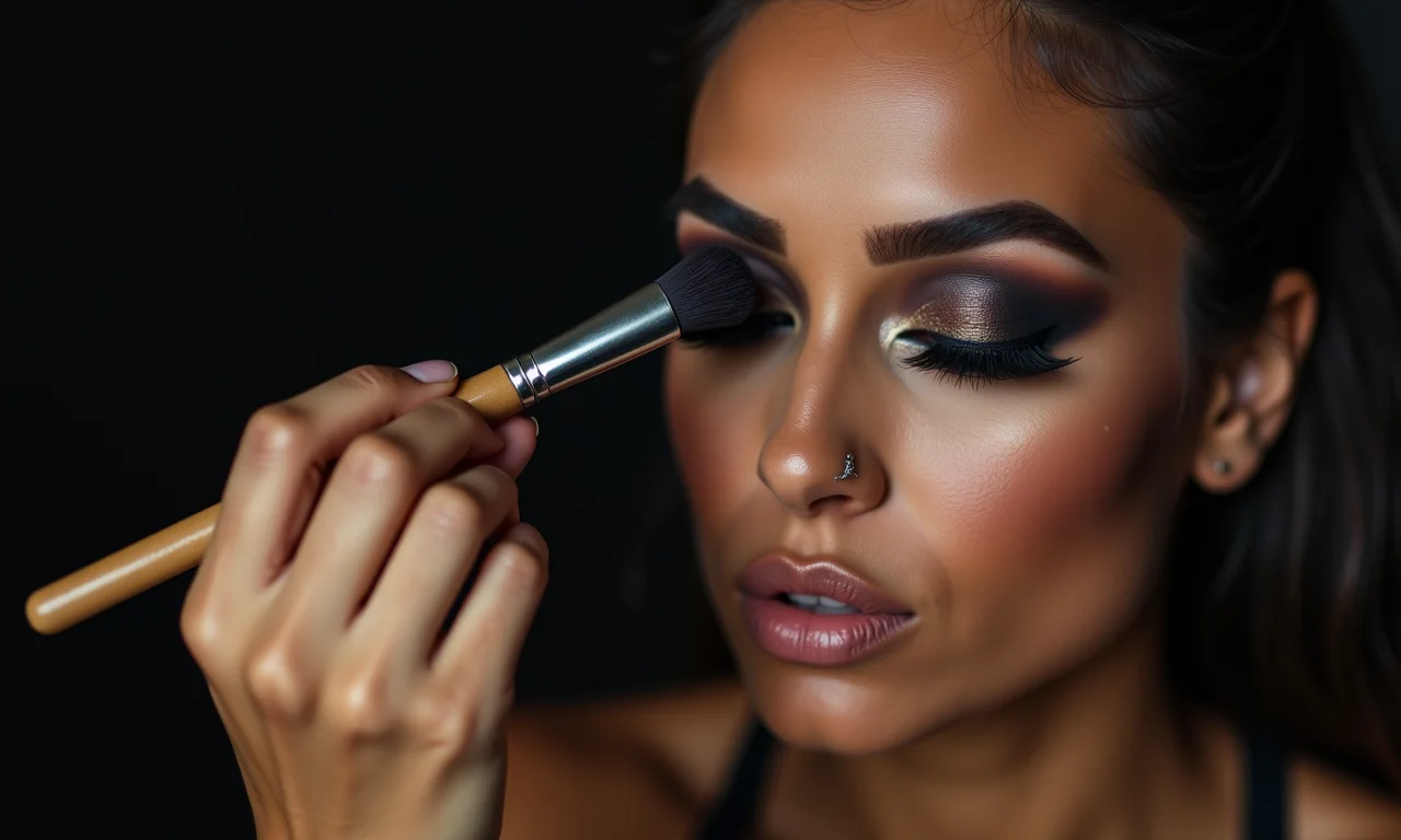 Aplicando sombra escura para criar um efeito esfumado nos olhos.