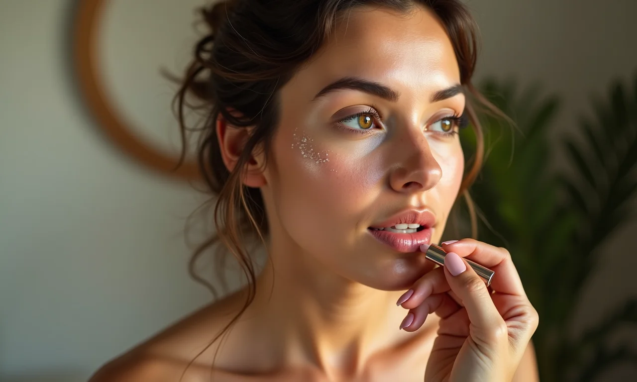 Batom hidratante em lábios.