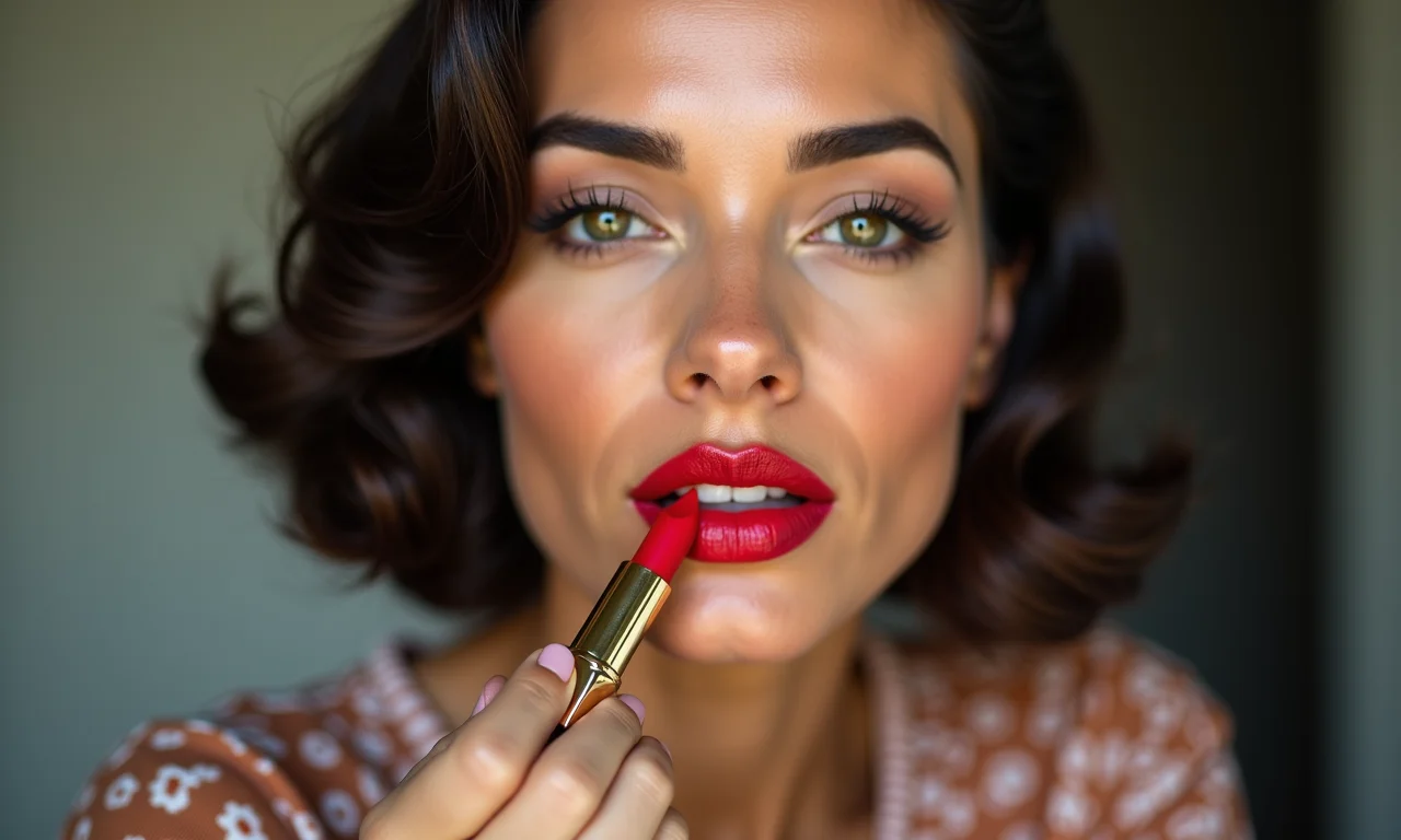 Batom nude ou vermelho finalizando a maquiagem estilo anos 60.