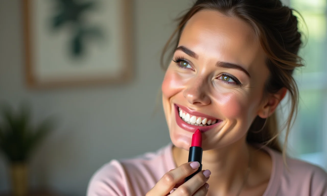 Batom ou gloss finalizando a maquiagem para videochamada.