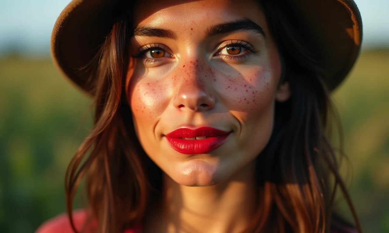 Batom vermelho vibrante e maquiagem com sardas.