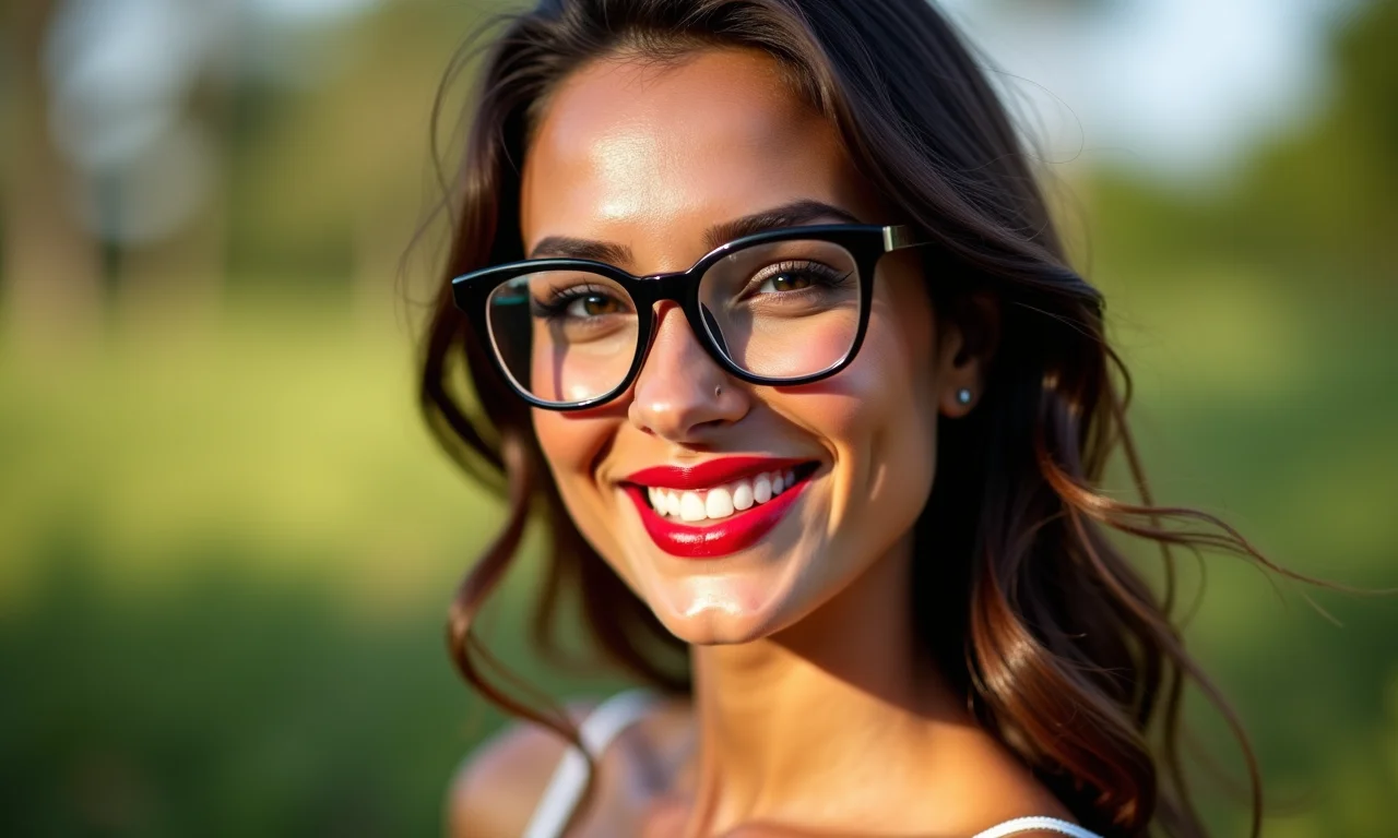 Batom vermelho vibrante e óculos.