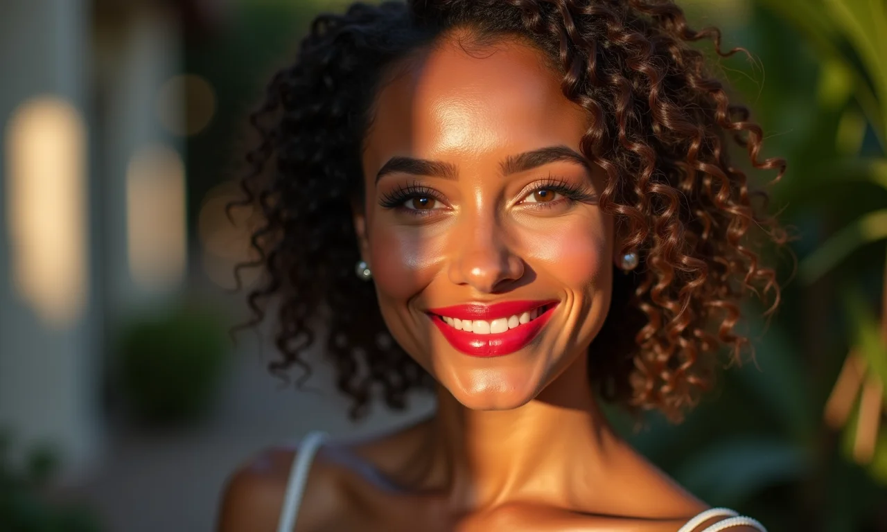 Batom vibrante e ousado complementando a maquiagem.