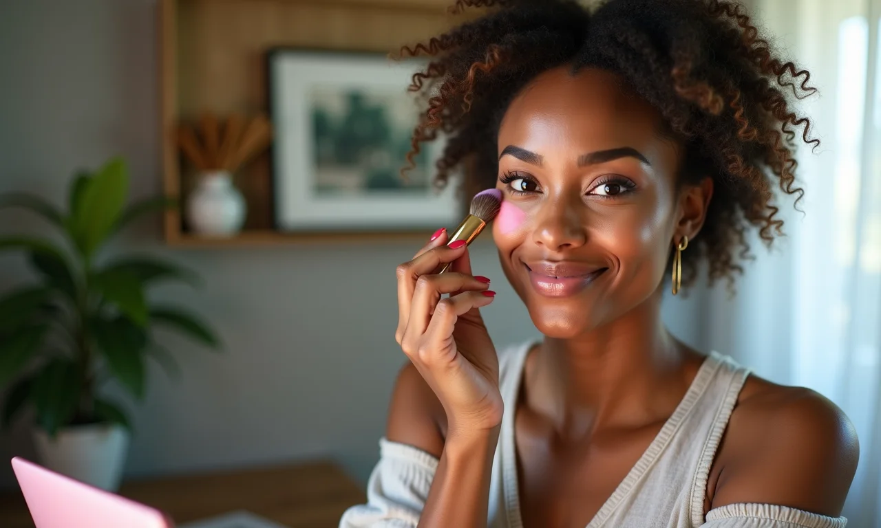 Blush e contorno realçando os traços no trabalho remoto.