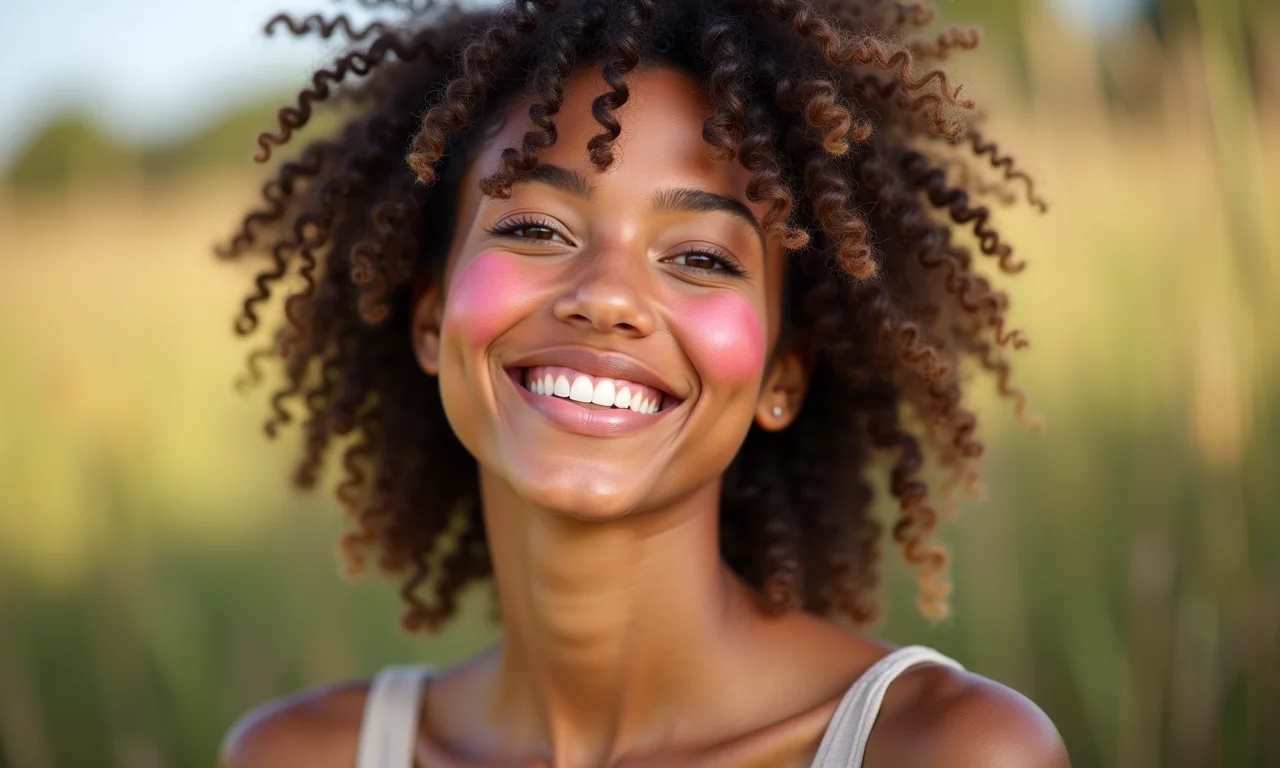 Blush em pó mineral em pele clara.