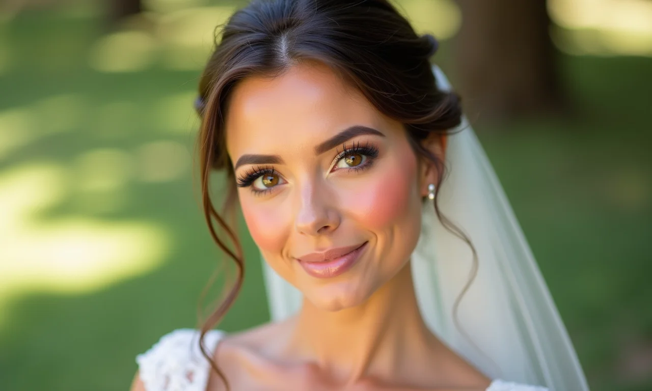 Blush em tons de pêssego na maquiagem de noiva.